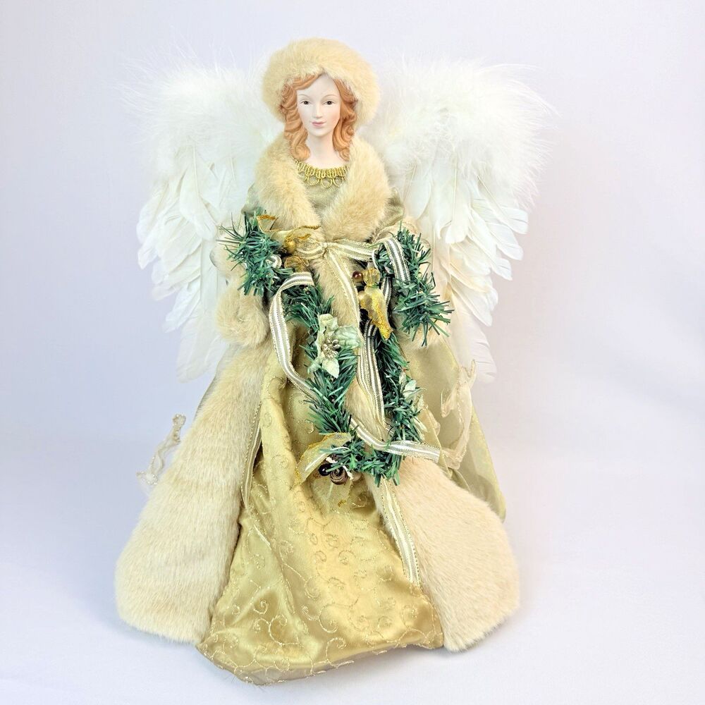Vtg Christmas Angel Tree Topper Porcelain Head Gold Gown Fur Feather Wings 16"
